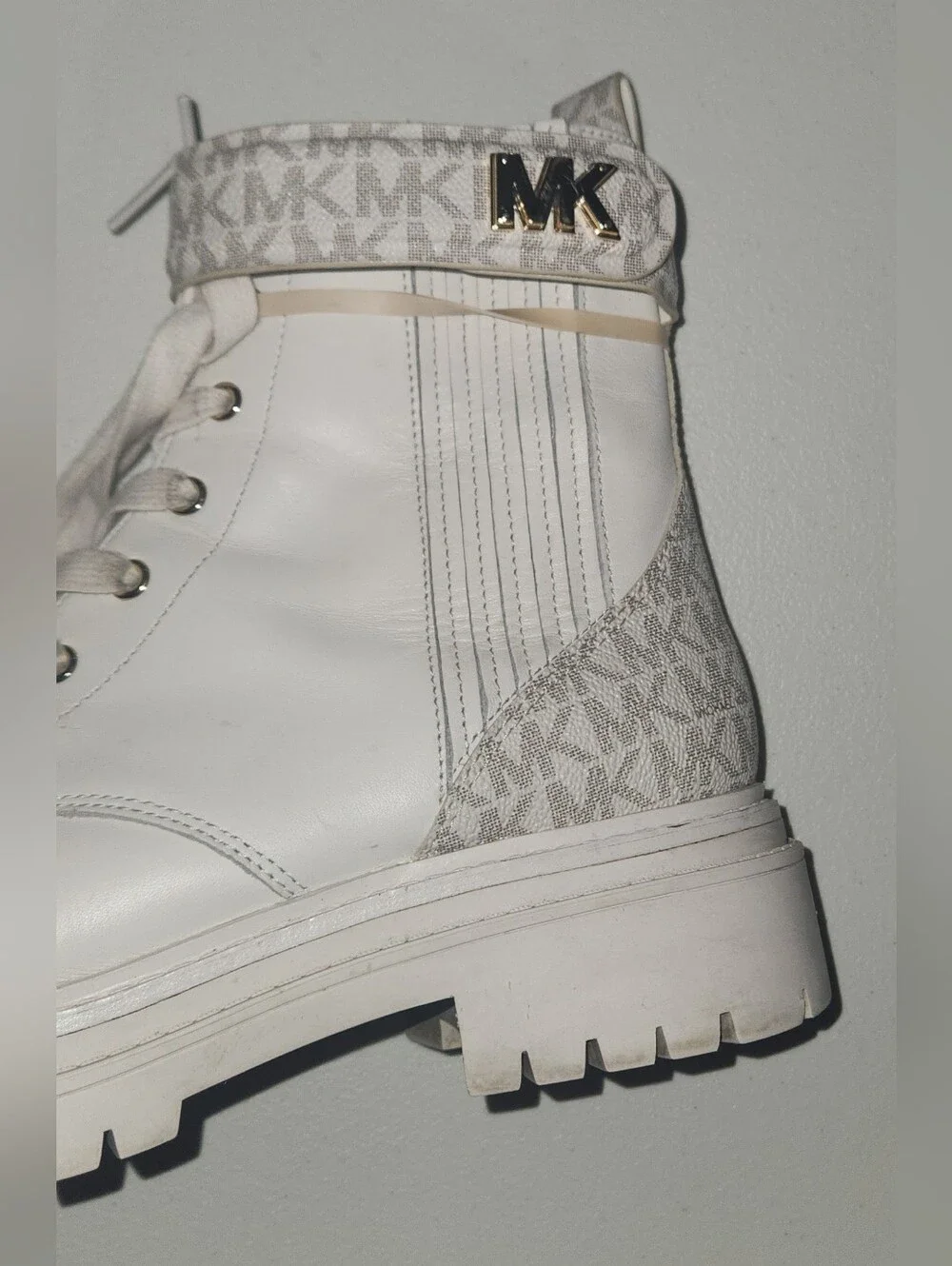 Michael Kors White MK Monogram Combat Boots Size 8.5